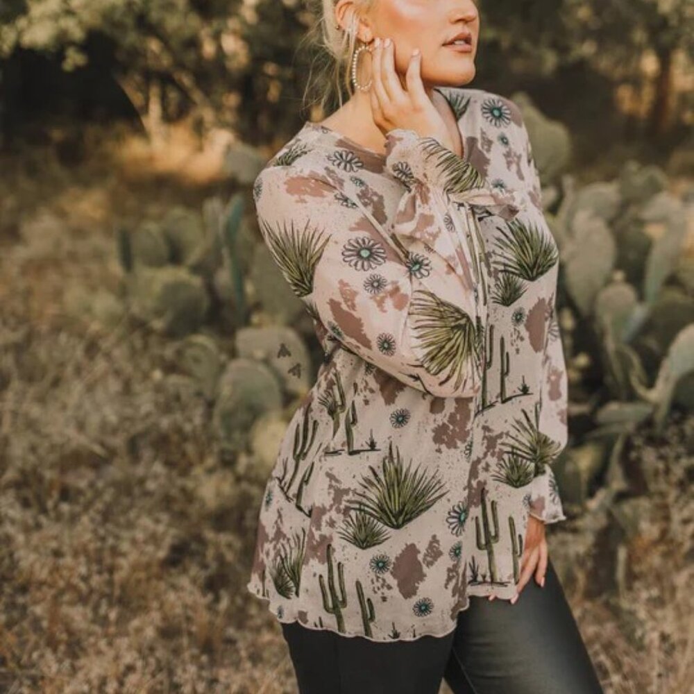 Cactus and tan cowhide print with Bell Sleeves